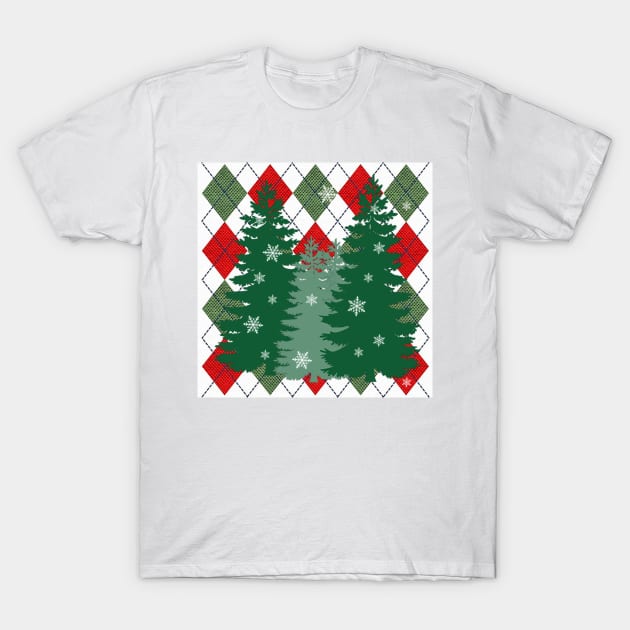 Christmas Gifts, Winter Red & Green Diagonal Plaid Print with Pine Trees and Snowflakes Graphic Design, Bedding, Apparel and other gifts T-Shirt by tamdevo1